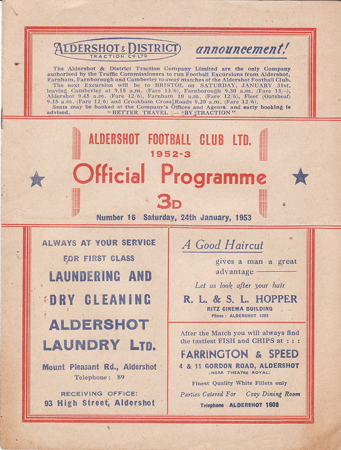 <b>Saturday, January 24, 1953</b><br />vs. Aldershot (Away)
